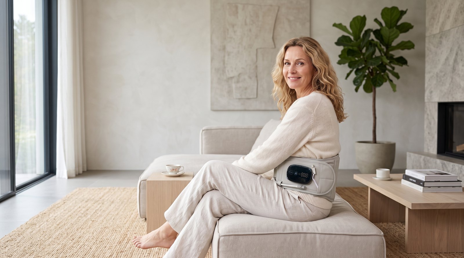 Woman relaxing at home wearing the AxiaLift Pro spinal belt